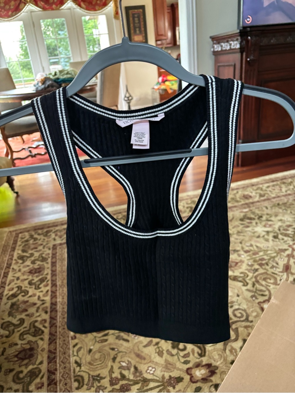 Victoria's Secret Black Ribbed Racerback Crop Tank with White Stripes